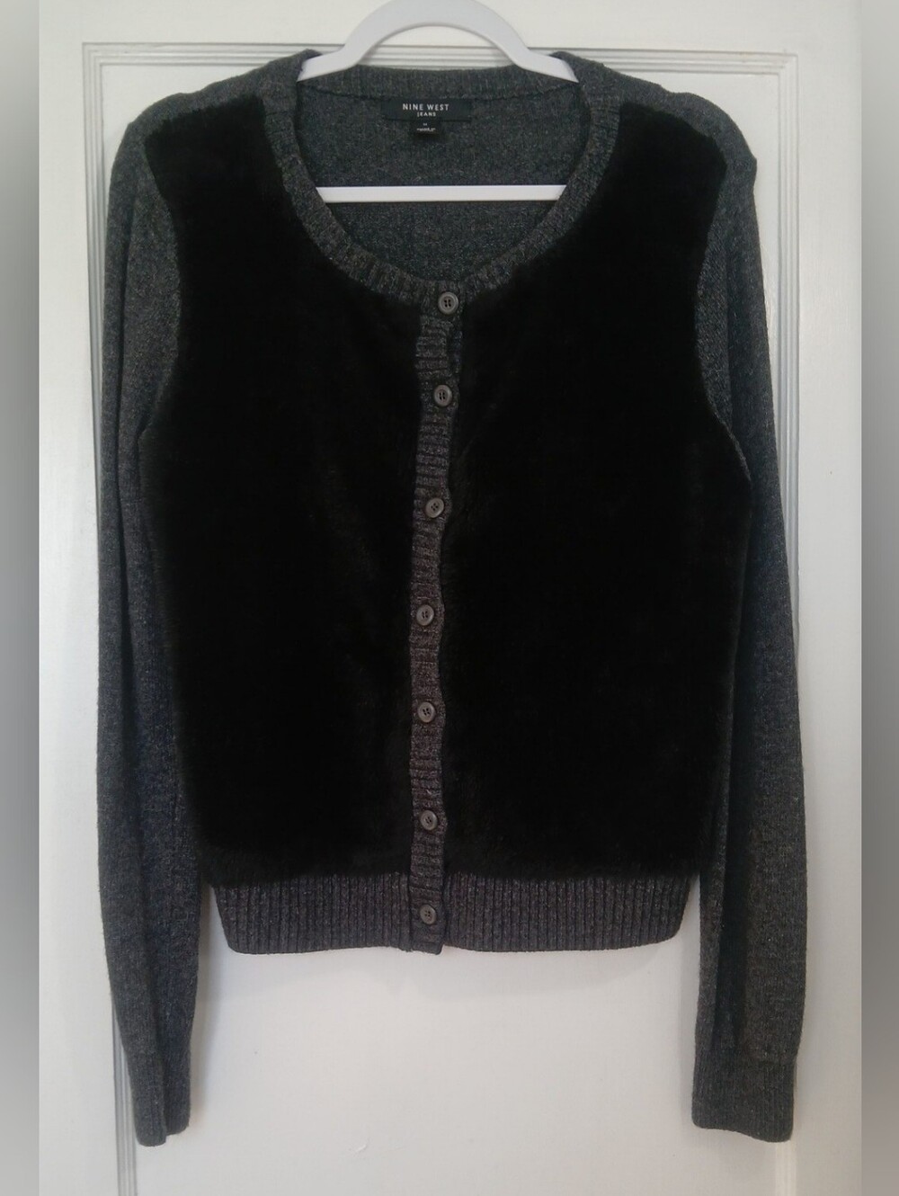 Nine West Black Faux Fur Front Dark Gray Knit Cardigan